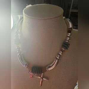 NWT FREE PEOPLE SILVERTONE AND BLUE BEADS WITH CROSS ADJUSTABLE NECKLACE